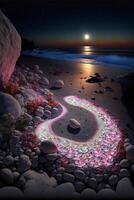 image de une plage à nuit avec galets arrangé dans le forme de une s. génératif ai. photo
