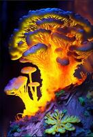 groupe de champignons séance sur Haut de une arbre souche. génératif ai. photo