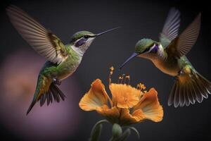 couple de des oiseaux cette sont en volant plus de une fleur. génératif ai. photo