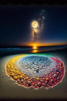 image de une plage à nuit avec une plein lune dans le ciel. génératif ai. photo