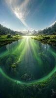 corps de l'eau entouré par herbe et des arbres. génératif ai. photo