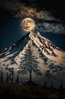 Montagne couvert dans neige en dessous de une plein lune photo