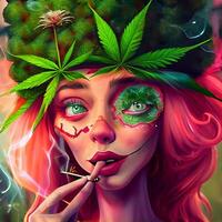 La peinture de une femme avec marijuana feuilles sur sa diriger. génératif ai. photo