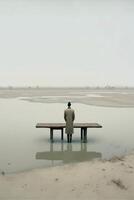 homme séance sur Haut de une en bois banc. génératif ai. photo