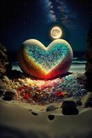 cœur en forme de Roche sur une plage avec une plein lune dans le Contexte. génératif ai. photo