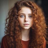 portrait de une Jeune attrayant fille avec frisé longue foncé cheveux. génératif ai photo