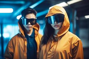 à la mode Japonais jeunesse dans des lunettes de soleil, gars et fille modes vêtements. génératif ai photo