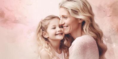 portrait de une souriant mère avec sa fille dans rose dans le studio. génératif ai photo