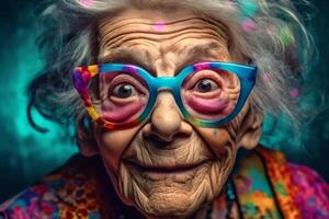 portrait de un vieux souriant grand-mère portant des lunettes de soleil. le jeunesse de le âme. génératif ai photo