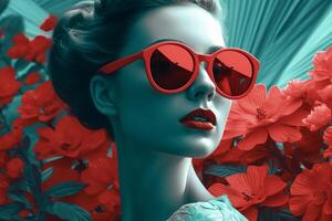portrait de une sexy fille portant rouge des lunettes de soleil dans rétro style, Rouge, Vert tons Contexte. génératif ai photo