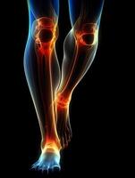 le genou blessure. néon pied de homme avec illuminé zone de ménisque de genou. génératif ai photo