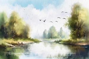 paysage forêt et forêt Lac avec en volant des oiseaux, aquarelle La peinture sur texturé papier. numérique aquarelle La peinture photo