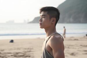 une Jeune asiatique homme de athlétique construire sur le plage. génératif ai photo