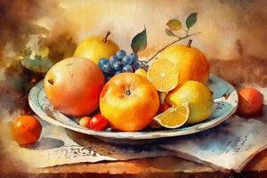 encore vie, une assiette de fruit sur une tableau, une La peinture peint dans aquarelle sur texturé papier. numérique aquarelle La peinture photo