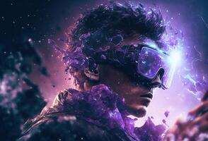 portrait de une Jeune homme avec vr des lunettes immergé dans virtuel réalité. abstrait néon lumière, surréaliste Contexte. Créatif art et La technologie de le méta-univers. 3d le rendu. ai généré photo