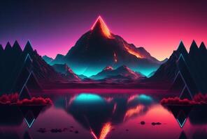 une futuriste paysage, faible polygone montagnes illuminé par néon lumière sur une pente Contexte. immersion dans une surréaliste numérique virtuel cyber monde. 3d le rendu. ai généré. photo