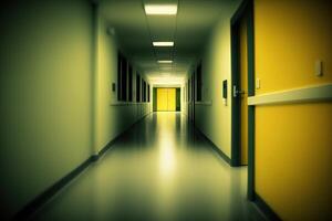 le longue couloir de le hôpital. moderne intérieur flou Contexte. ai généré. photo