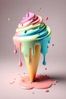 la glace crème cône avec écoulement multicolore gouttelettes sur pastel Contexte. 3d le rendu. ai généré. photo