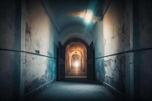 une longue couloir dans le vieux prison. une sombre intérieur avec minable des murs. une délabré, abandonné bâtiment, une terrible, désespéré toile de fond. ai généré photo