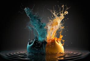 une éclaboussure de coloré liquide sur une en miroir surface. un explosion de peindre, encrer. un immersif, abstrait Contexte. 3d le rendu. ai généré photo