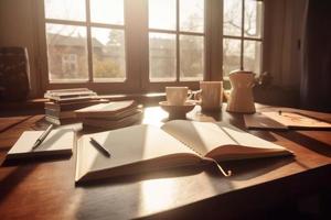 Matin café avec livres. produire ai photo