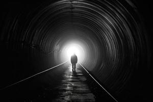 foncé tunnel avec homme dans lumière. produire ai photo