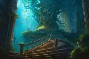 forêt magique infini escalier. produire ai photo