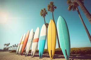 rangée de planches de surf près paume des arbres. produire ai photo