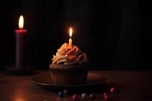 savoureux anniversaire petit gâteau avec allumé bougie artistique de fête ai généré photo