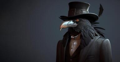 gentleman, patron noir corbeau dans une chapeau, costume et cravate. bannière entête. ai généré. photo