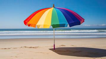 une coloré plage parapluie sur une sablonneux plage. génératif ai photo