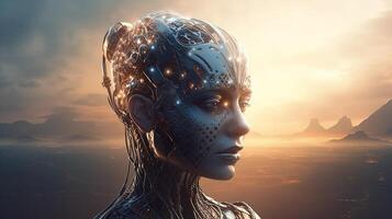 ai génératif cyborg avec embrasé cerveau. artificiel intelligence concept. photo