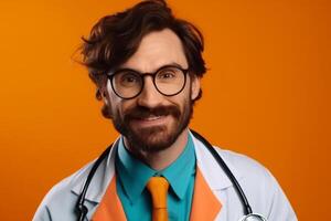 ai génératif souriant Jeune Masculin médecin avec stéthoscope permanent photo