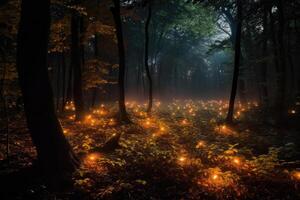 fantaisie magique forêt avec embrasé lumières. génératif ai photo