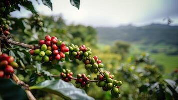 café arbre avec rouge café des haricots sur café plantation. génératif ai photo