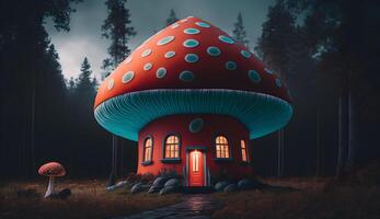 illustration de toxique champignon maison, nain Fée logement de toxique champignons génératif ai photo