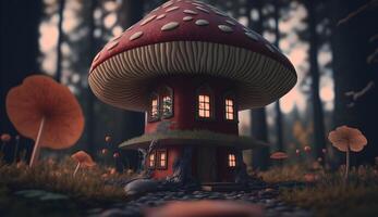 illustration de toxique champignon maison, nain Fée logement de toxique champignons génératif ai photo