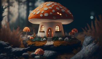 illustration de toxique champignon maison, nain Fée logement de toxique champignons génératif ai photo