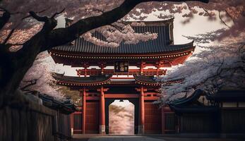 toji porte dans Cerise fleur jardin, Japonais jardin paysage .génératif ai photo