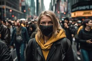 Jeune femme dans une protester foule. le foule recueillies à manifestation. génératif ai photo