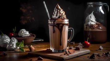 Chocolat Milk-shake avec fouetté crème, des fraises et foncé Chocolat pièces sur une foncé Contexte. photo