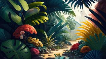 tropical jungle avec les plantes et fleurs. 3d rendre illustration. ai généré photo