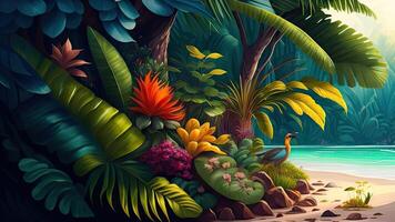 tropical jungle avec paume des arbres et fleurs - illustration pour les enfants. ai généré photo