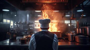 le Maître chef dans action, création culinaire la magie au milieu de fumée et flammes dans le restaurant cuisine. génératif ai photo