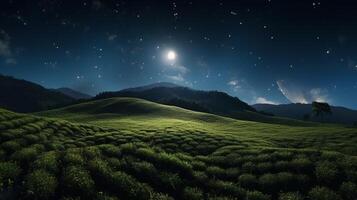 une Stupéfiant vue de éclairé par la lune thé des champs contre le majestueux toile de fond de le étoilé nuit ciel. génératif ai photo