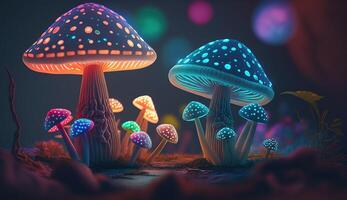 lumineux coloré champignons dans une psychédélique espace fantaisie. génératif ai photo