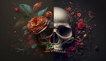 crâne avec des roses. Humain crâne dans magnifique fleurs. Halloween images. journée de le mort. génératif ai photo