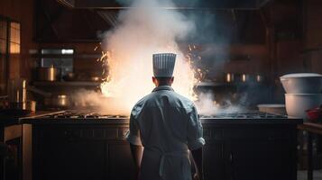 le Maître chef dans action, création culinaire la magie au milieu de fumée et flammes dans le restaurant cuisine. génératif ai photo