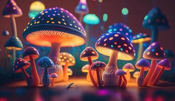 lumineux coloré champignons dans une psychédélique espace fantaisie. génératif ai photo