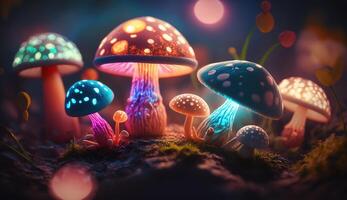 lumineux coloré champignons dans une psychédélique espace fantaisie. génératif ai photo